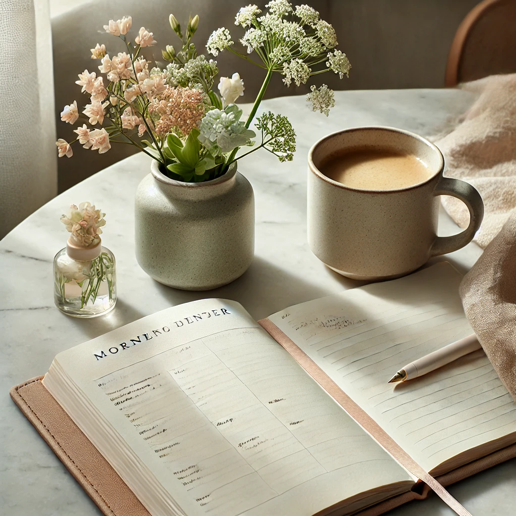 A morning coffee setup with a planner and flowers, showcasing intentional living for the Day in the Luxe Life series.