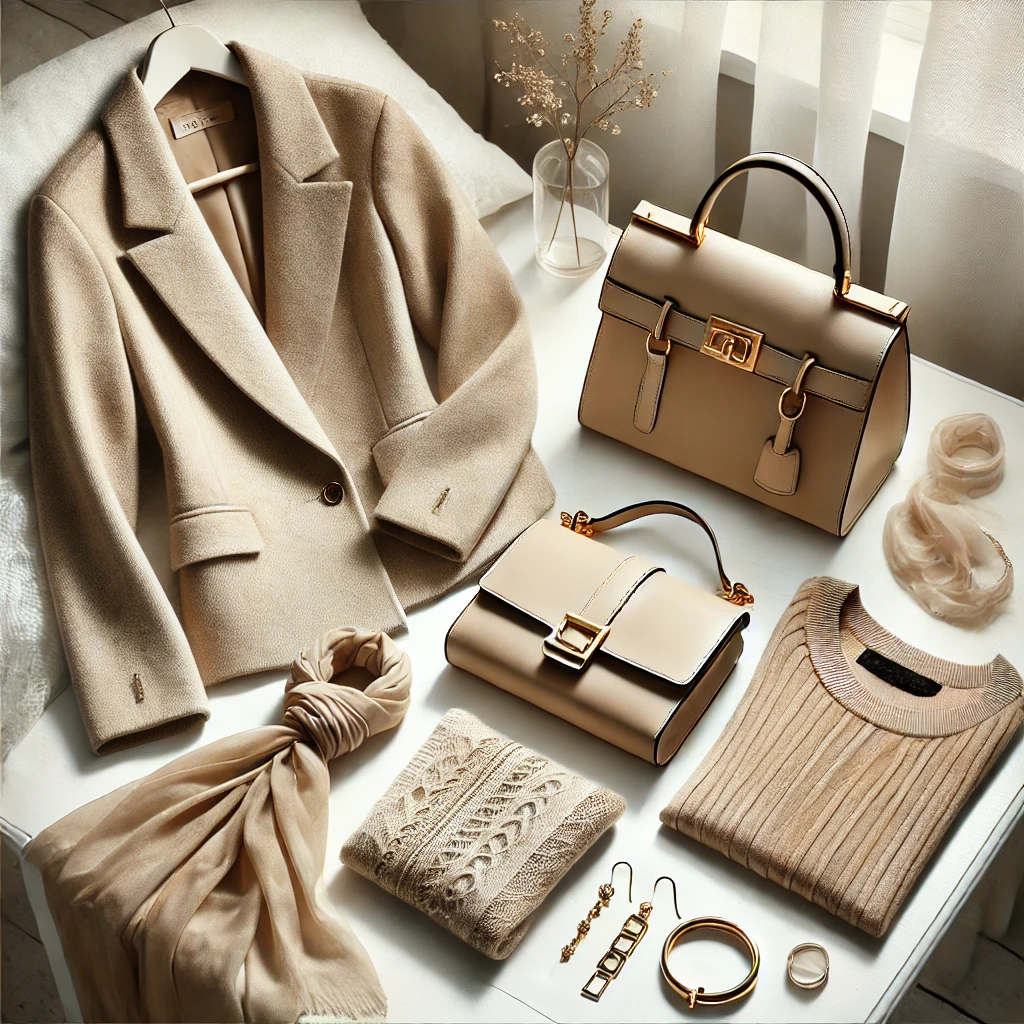 Flat lay of affordable luxury fashion essentials, including a chic blazer, scarf, and accessories for the Luxe for Less series.