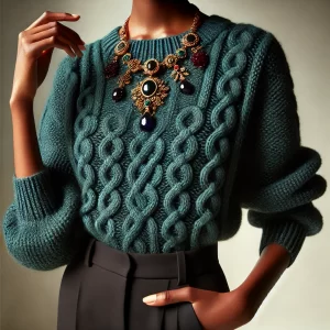 A jewel-toned cable knit sweater paired with a statement necklace and trousers.