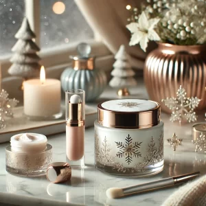 A winter hydration set featuring a moisturizer, lip balm, and hand cream displayed on a vanity.