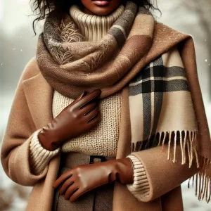 A stylish oversized plaid scarf draped over a beige coat, paired with leather gloves.