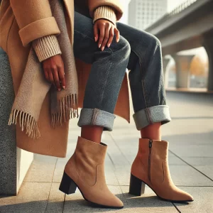 Tan faux suede ankle boots styled with cuffed jeans and a wool coat.