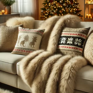 A faux fur throw blanket draped over a gray sofa with holiday pillows.