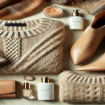 Flat lay of winter essentials under $100, including a knit sweater, scarf, ankle boots, and skincare set.