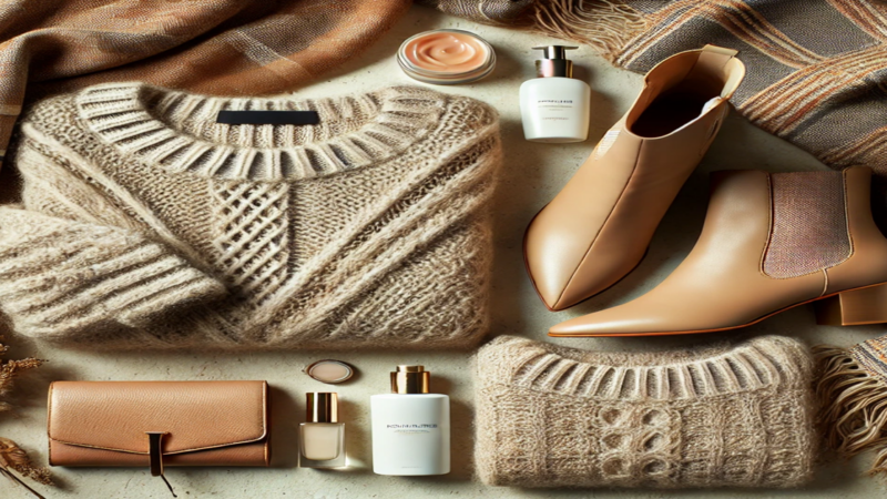 Flat lay of winter essentials under $100, including a knit sweater, scarf, ankle boots, and skincare set.