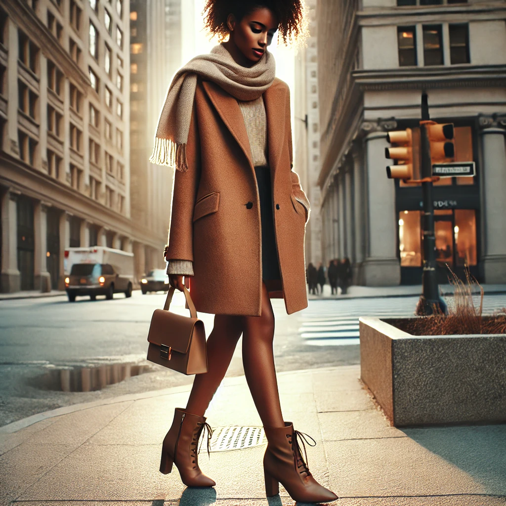 A camel wool-blend coat styled with a black tote bag and ankle boots.